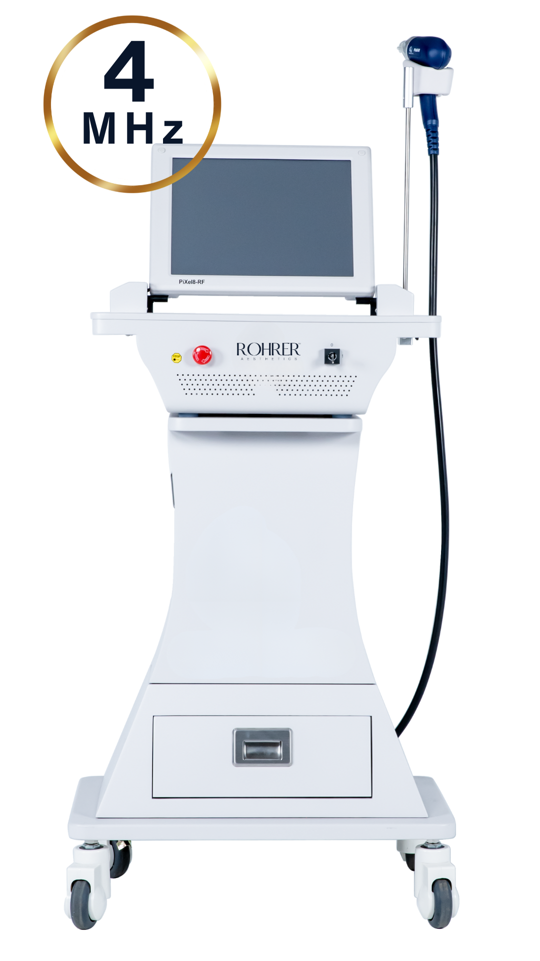 A white medical aesthetics device with a large touchscreen monitor mounted on top. The machine has a slim, curved design with the brand name 'Rohrer' printed on the front. A black cable extends from the right side, connecting to a blue handheld applicator resting in a holder. The control panel below the screen features red and black buttons, and there is a drawer-like compartment near the base. A circular gold and white badge labeled '4 MHz' is positioned in the top left corner of the image.