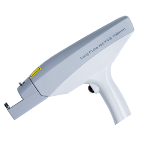 Long Pulsed YAG laser handpiece with sleek white design for vascular treatments and skin rejuvenation.