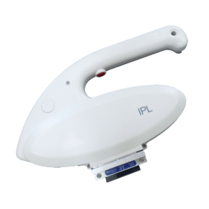 White Intense Pulse Light (IPL) handpiece with ergonomic handle and rectangular light-emitting treatment window, designed for skin rejuvenation and hair removal.