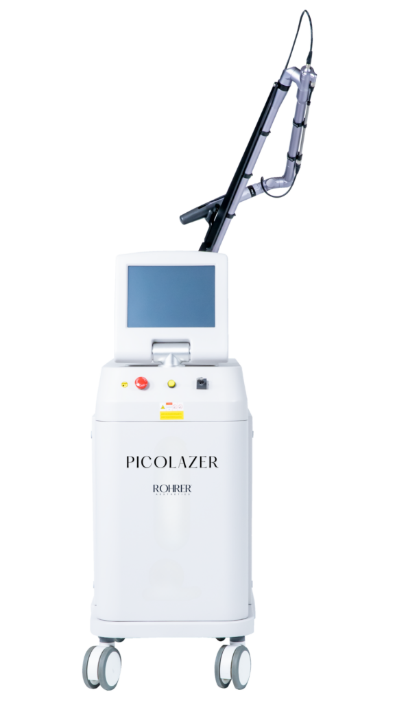 White PicoLazer device featuring a large touchscreen on top and an adjustable black laser arm attached to the side. The cylindrical body stands on four caster wheels, with control buttons and emergency stop functions on the front panel.