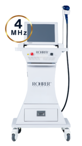 A white Pixel8 RF microneedling device featuring a wide touchscreen, a blue handpiece attached by a cord on the right side, and a "4 MHz" frequency badge at the top left. The device has a sleek, curved front and stands on four caster wheels.