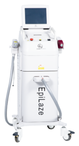 White Epilaze laser hair removal system with a large touchscreen, front-facing control buttons, and attached laser handpieces connected by flexible cords. The rectangular unit stands on four caster wheels for easy movement.