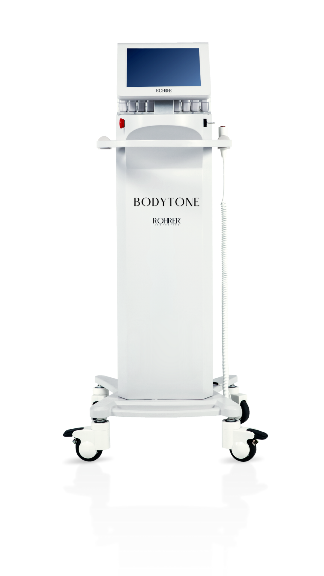 Rohrer BodyTone device for muscle stimulation and toning, featuring a slim white body on caster wheels, built-in display screen, and attached treatment cables.