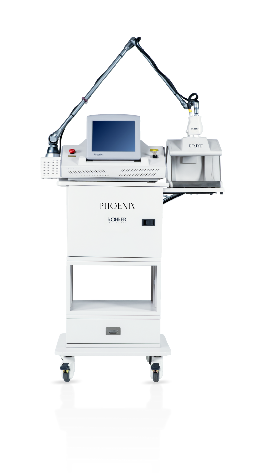 Rohrer Phoenix laser device with touchscreen, articulated treatment arm, and cryogen cooling attachment, mounted on a wheeled stand.