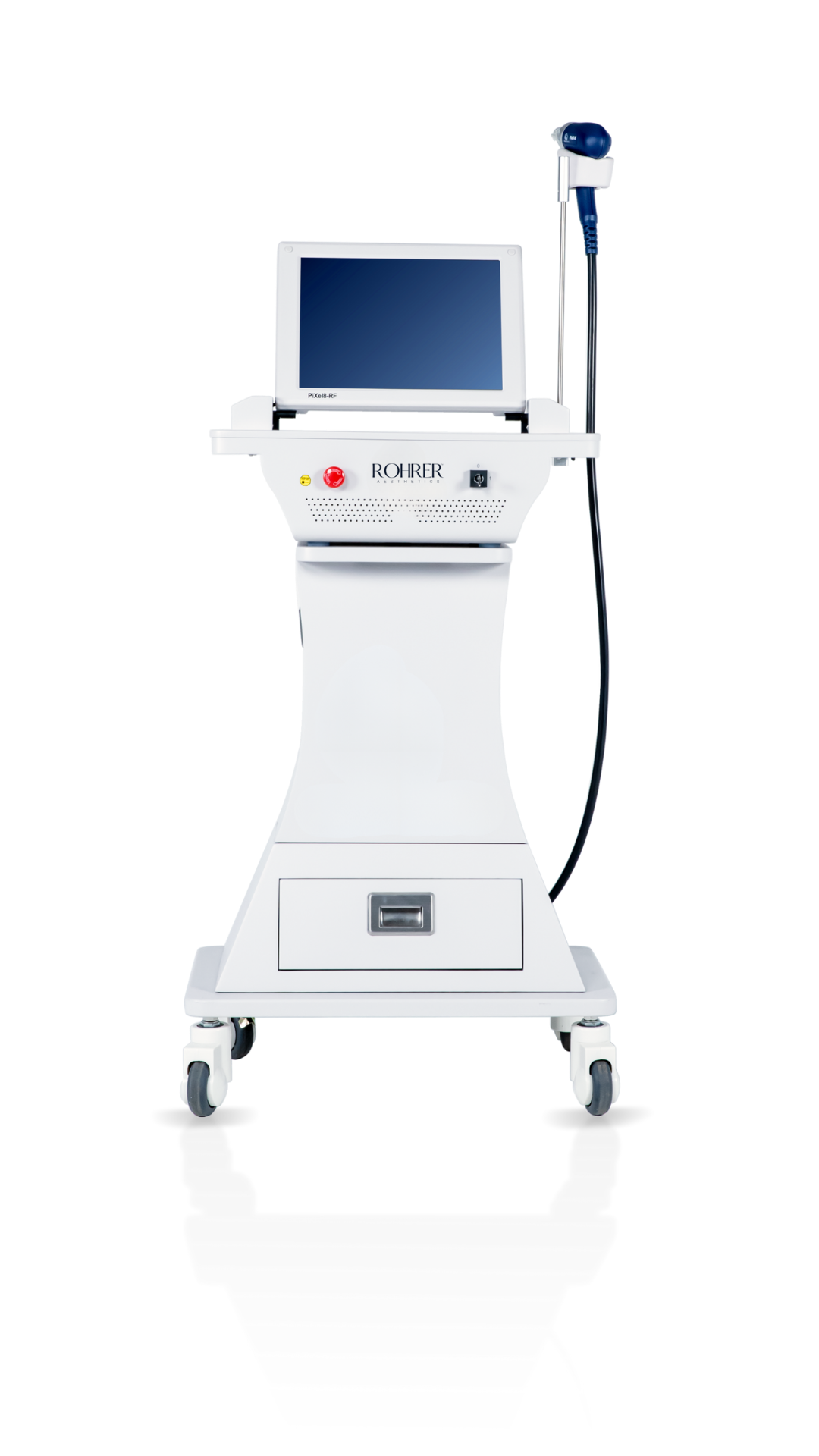 Rohrer Pixel8 RF microneedling device with slim white body, built-in touchscreen display, and attached treatment handpiece on flexible cord, mounted on caster wheels.