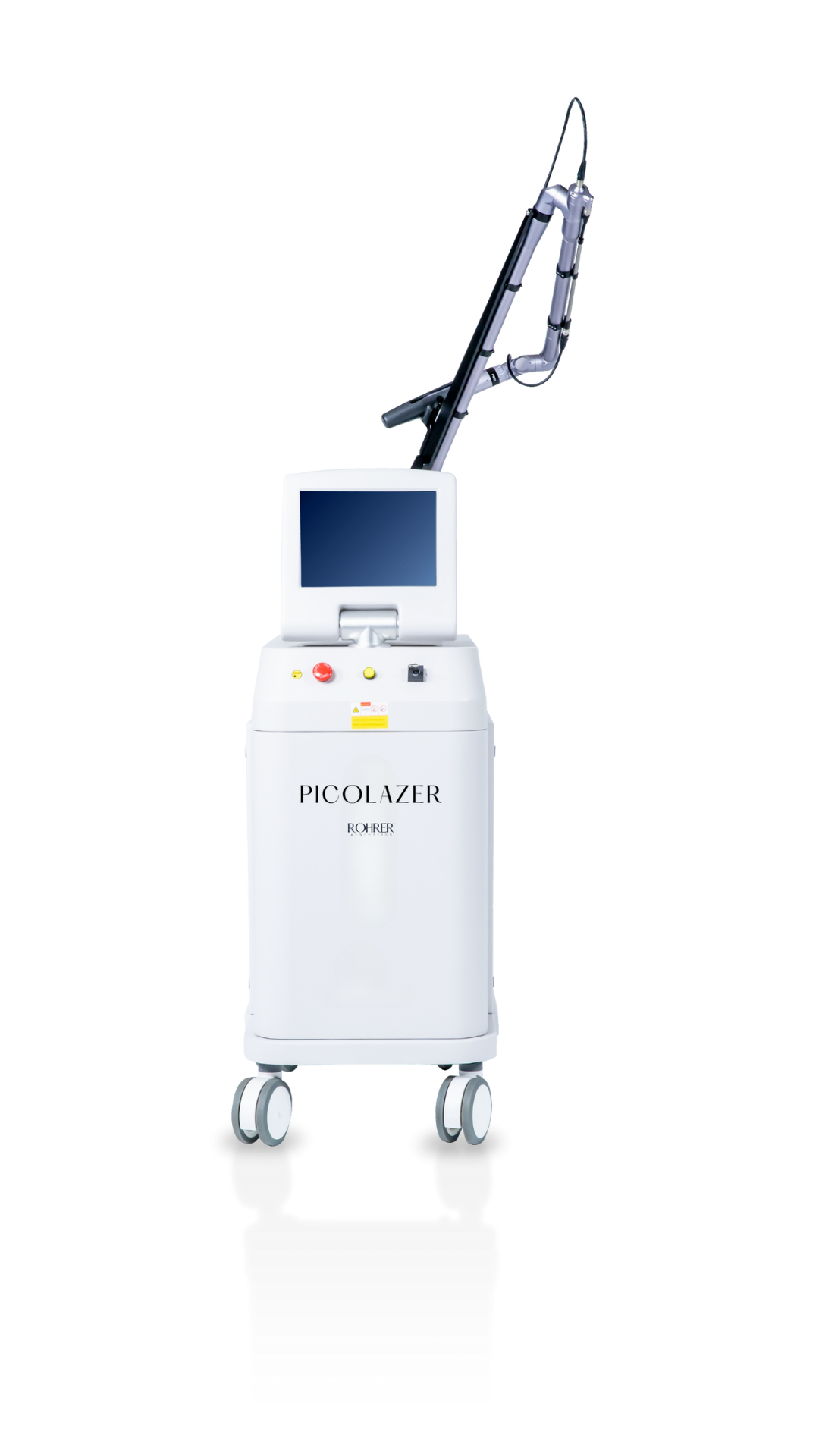Rohrer PicoLazer aesthetic laser device with touchscreen display, articulated treatment arm, and mobile wheeled base.