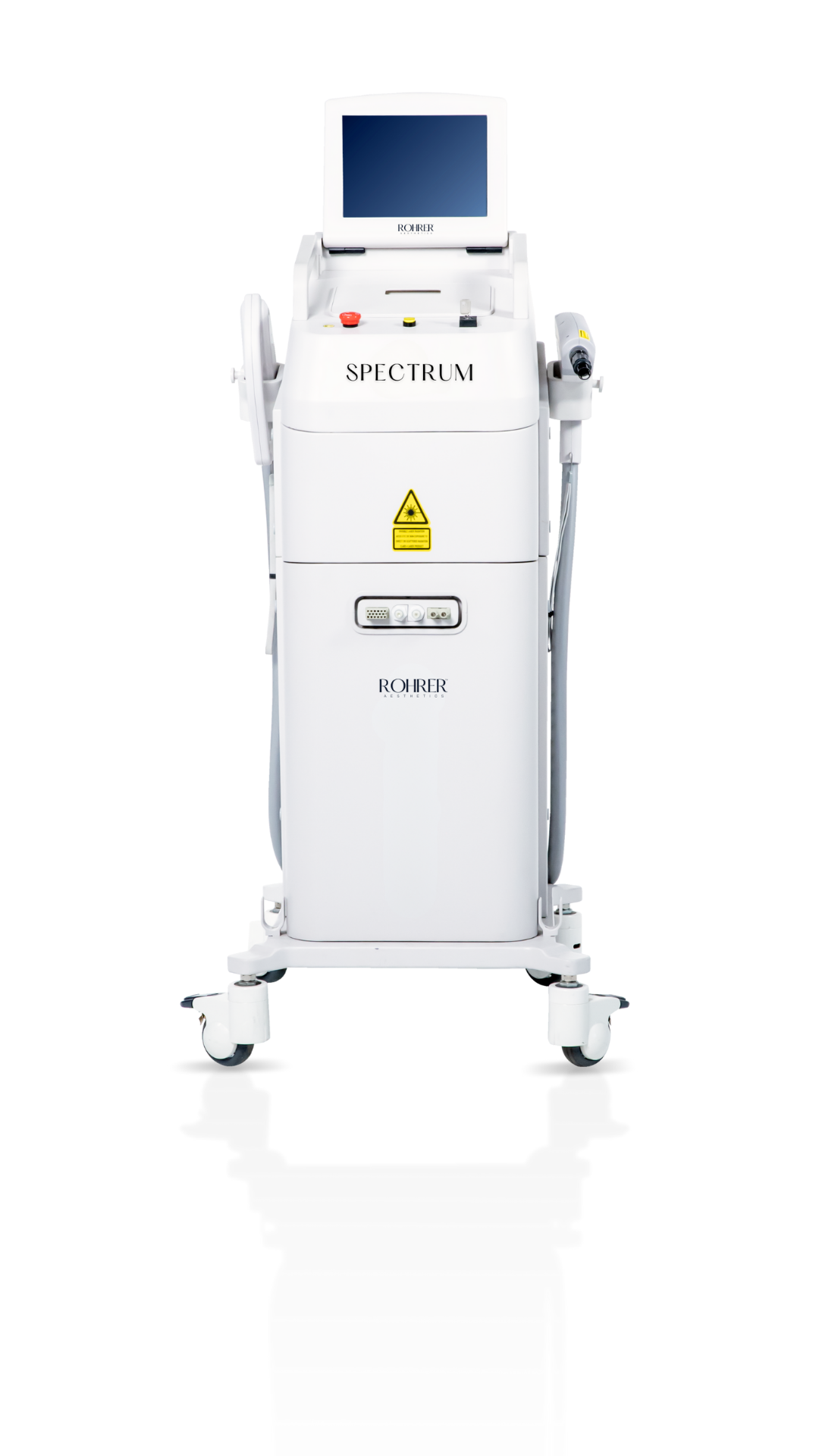 Rohrer Spectrum multi-platform aesthetic laser device with touchscreen, multiple handpiece holders, and laser safety label, mounted on caster wheels.
