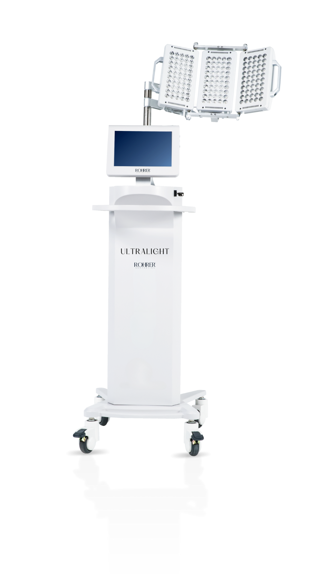 Rohrer UltraLight LED therapy device with adjustable multi-panel light array, touchscreen display, and slim wheeled base.