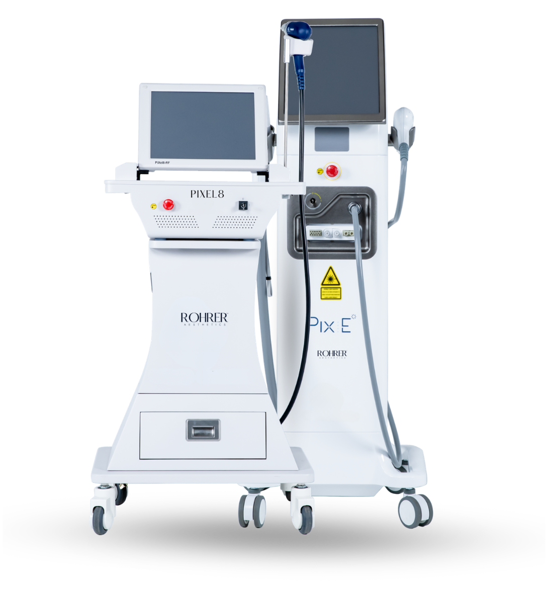 An image of the Rohrer Aesthetics PiXel8 and PiX:E devices. Purchase one of these two devices and receive free device disposables for 24 months!