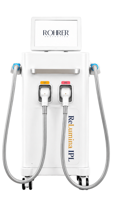 Rohrer Aesthetics ReLumina IPL system, a freestanding console with two cooled handpieces for skin rejuvenation and hair removal
