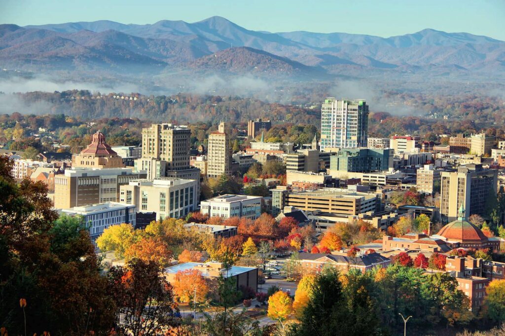 A view of the mountains and downtown Asheville, NC
