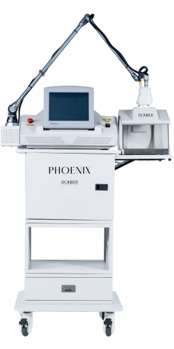 Rohrer Aesthetics Phoenix CO2 Laser System, a white laser device on wheels with an adjustable arm and a touchscreen monitor, designed for skin resurfacing, wrinkle reduction, and scar treatment.