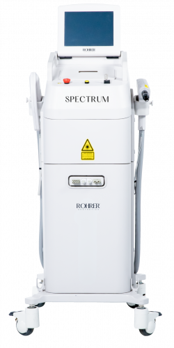 Rohrer Aesthetics Spectrum Laser System, a white multi-function laser device on wheels with a touchscreen monitor, designed for hair removal, skin resurfacing, tattoo removal, and acne reduction treatments.