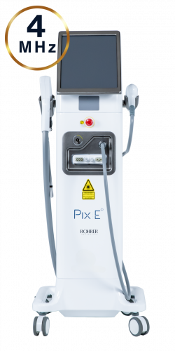 A white medical aesthetics device with a large touchscreen display tilted forward on top. The machine features two handheld applicators attached to each side by long gray cables. A control panel with buttons and indicator lights is positioned at the center, above a yellow caution sign. The brand name 'Pix E' and 'Rohrer' are printed near the bottom. The unit stands on four wheels for mobility. A gold and white circular badge labeled '4 MHz' appears in the top left corner of the image.