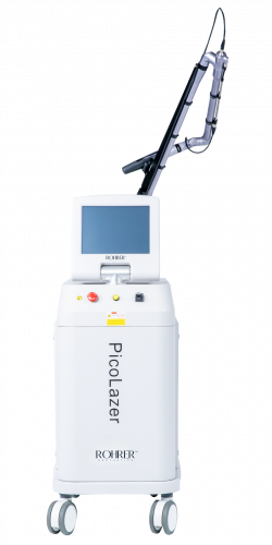 Rohrer Aesthetics PicoLazer Device, a white laser machine with a touchscreen monitor and articulated arm for delivering picosecond laser treatments, designed for tattoo removal, pigmentation correction, and skin revitalization.