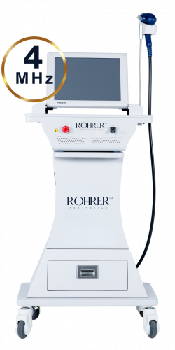 Rohrer Aesthetics 4 MHz RF Laser System, a white medical device on wheels with a touchscreen monitor and handheld applicator, designed for skin tightening and resurfacing treatments.