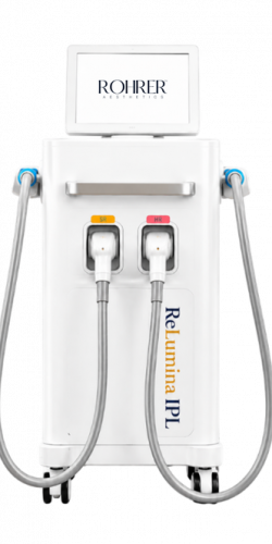 Rohrer Aesthetics ReLumina IPL system, a freestanding console with two cooled handpieces for skin rejuvenation and hair removal